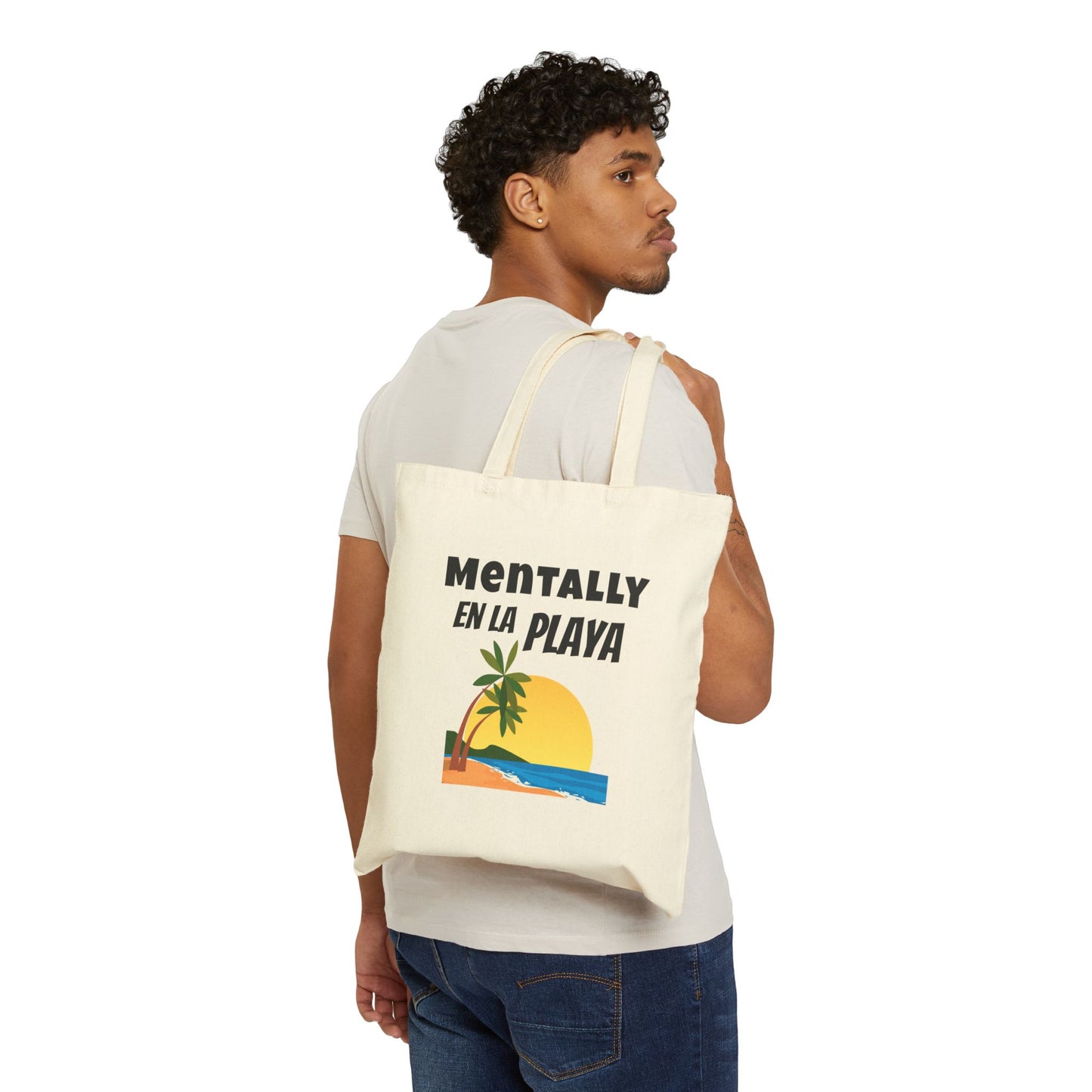 "Mentally En La Playa" Spanglish 100% Cotton Beachy Bilingual Tote Bag