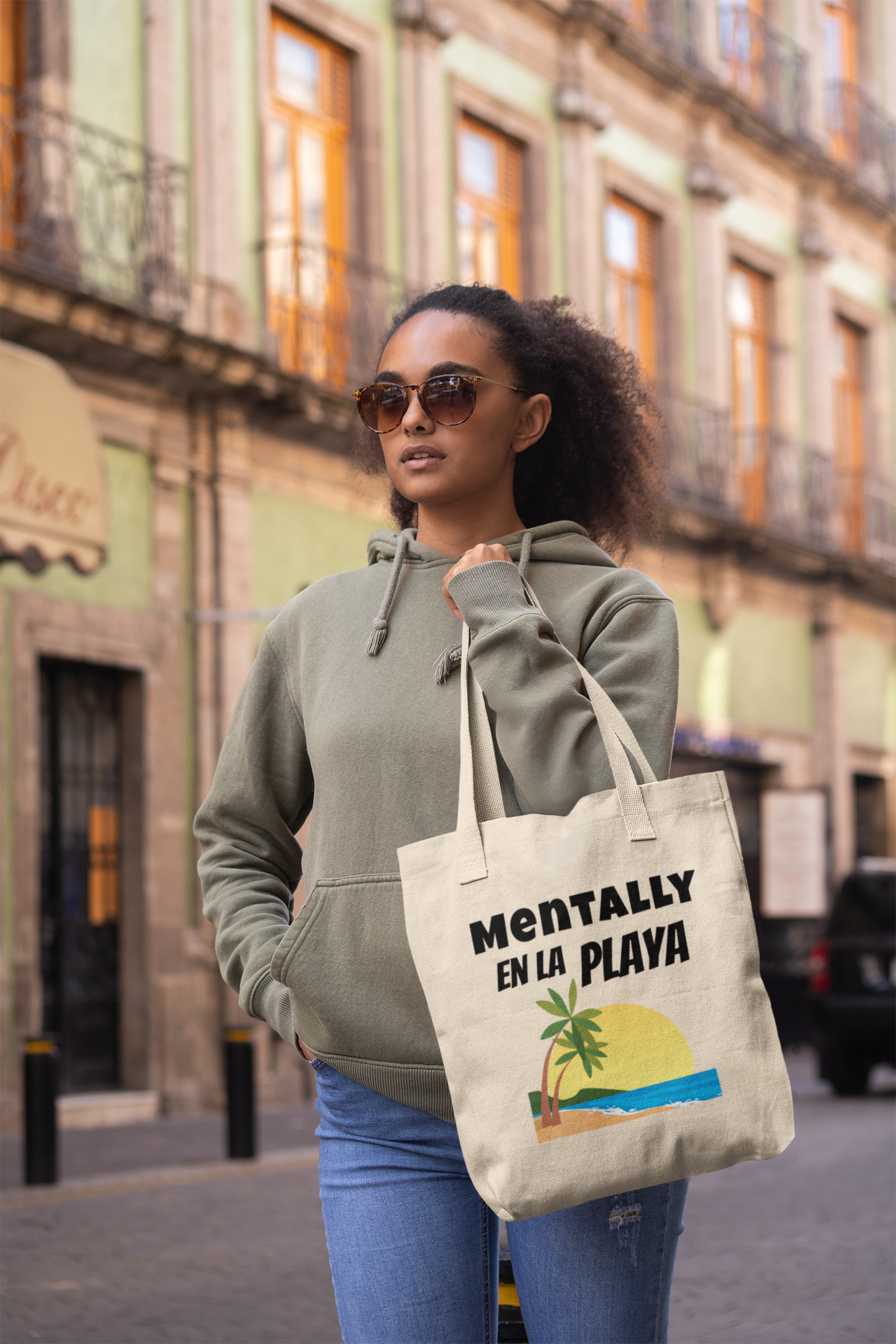 "Mentally En La Playa" Spanglish 100% Cotton Beachy Bilingual Tote Bag