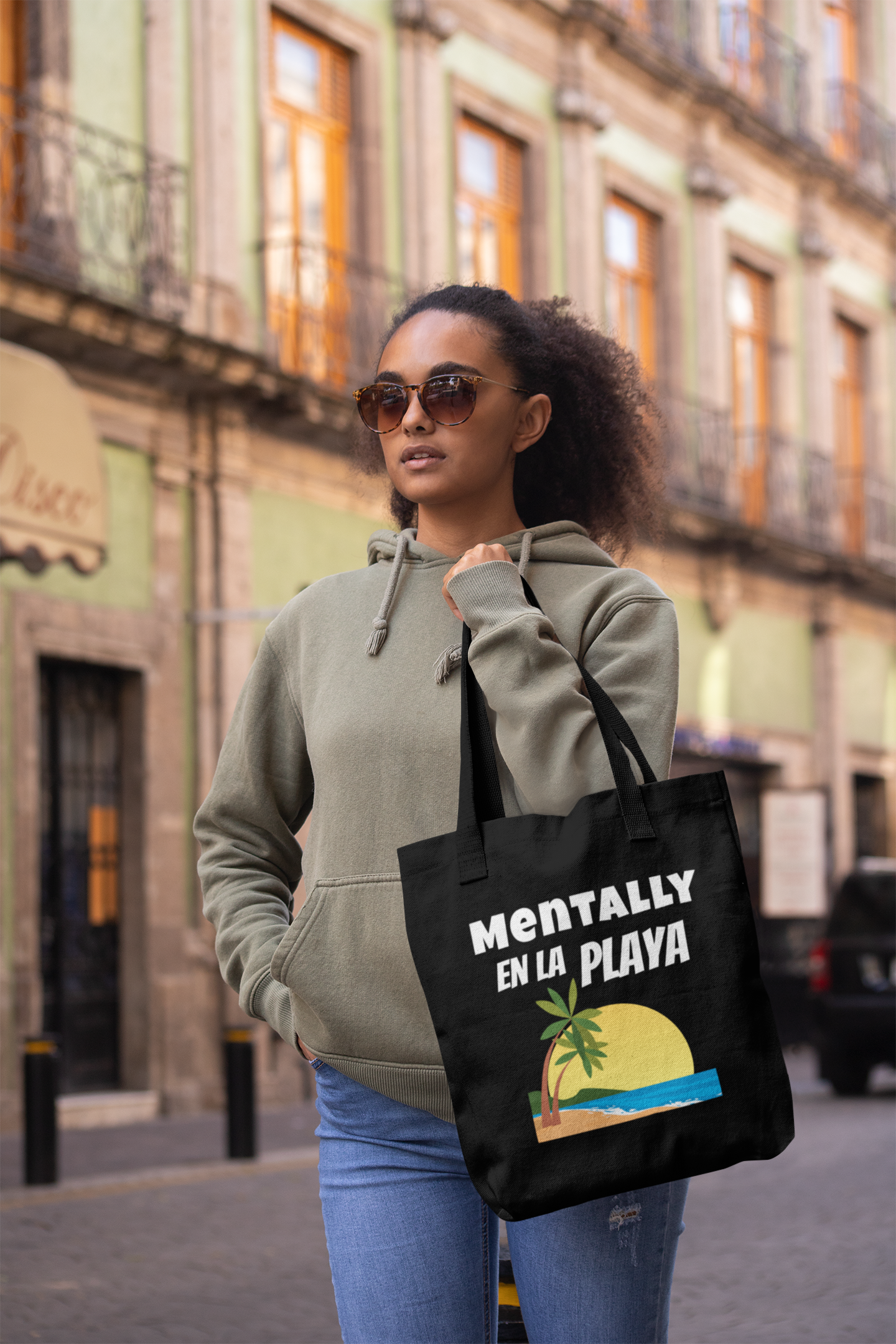 "Mentally En La Playa" Spanglish 100% Cotton Beachy Bilingual Tote Bag
