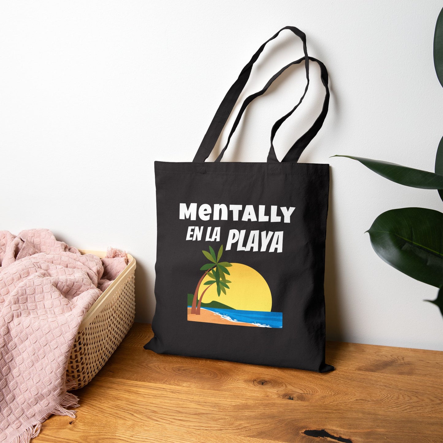 "Mentally En La Playa" Spanglish 100% Cotton Beachy Bilingual Tote Bag