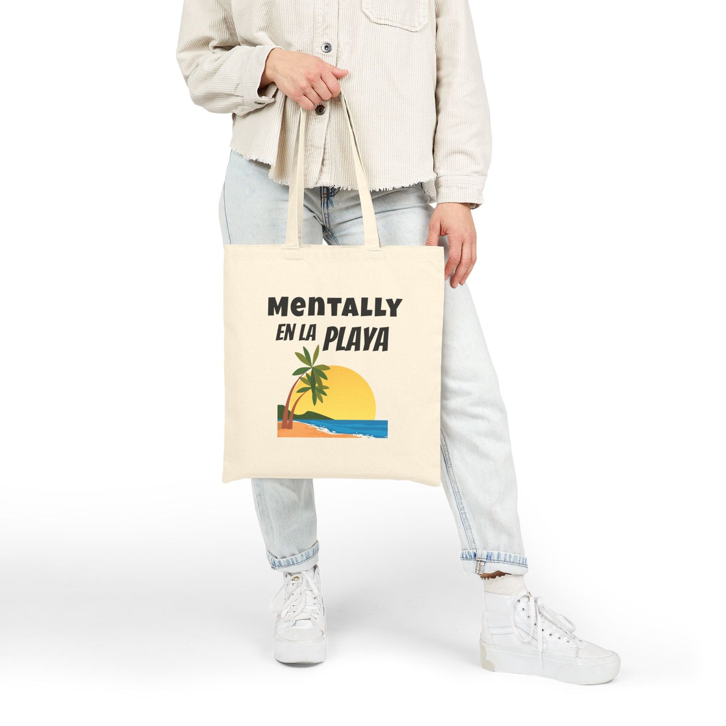 "Mentally En La Playa" Spanglish 100% Cotton Beachy Bilingual Tote Bag