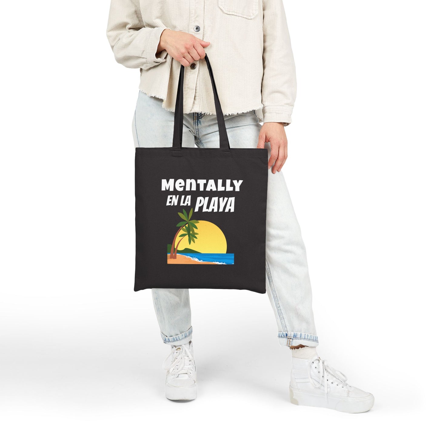 "Mentally En La Playa" Spanglish 100% Cotton Beachy Bilingual Tote Bag